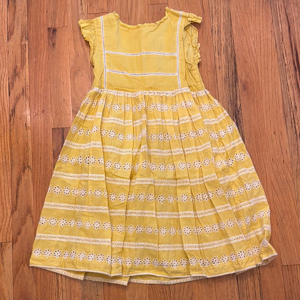 Mini Boden Girls Yellow and White Pleated Sundress with Flutter Cap Sleeves